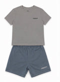 Soft grey T-shirt and muted blue shorts sensory-friendly set for kids
