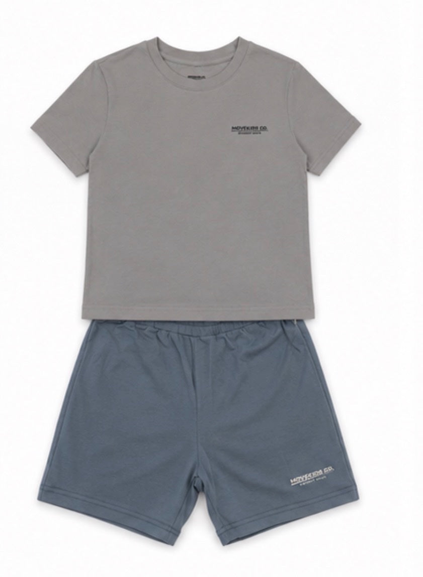 Soft grey T-shirt and muted blue shorts sensory-friendly set for kids