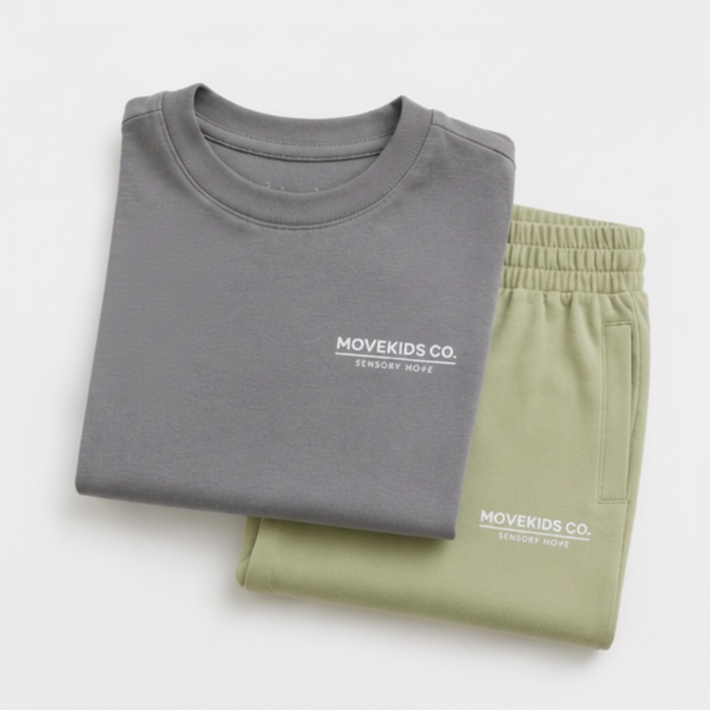 Movekids Calm Daily Shorts Set - Gray t-shirt and sage green shorts on white background