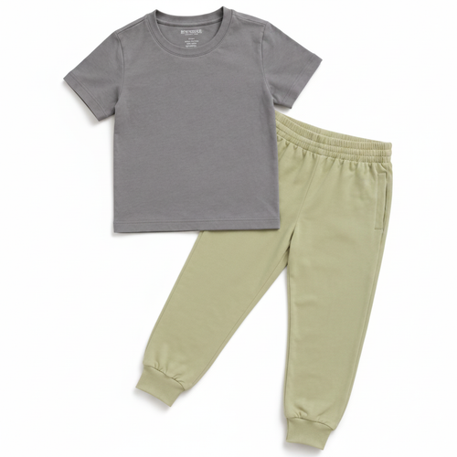 Movekids Calm Daily Joggers Set - Gray t-shirt and sage green joggers on white background